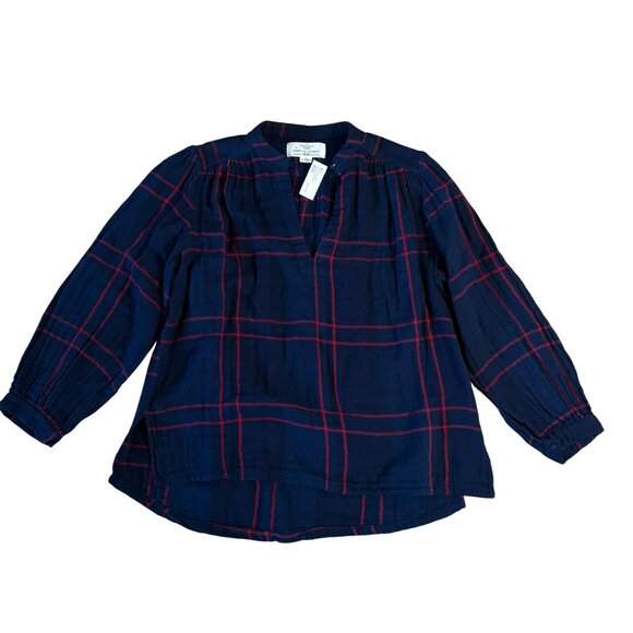 NWT Trovata Birds of Paradis Bailey Blouse XS navy blue red windowpane plaid - Picture 5 of 12